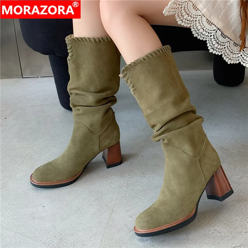 

MORAZORA 2023 New Slip On Mid Calf Platform Boots Top Quality Cow Suede Women Boots Ladies Thick High Heels Shoes