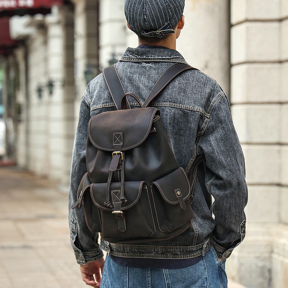 

European and American retro crazy horse leather backpack with flip and drawstring men's travel bag genuine leather backpack