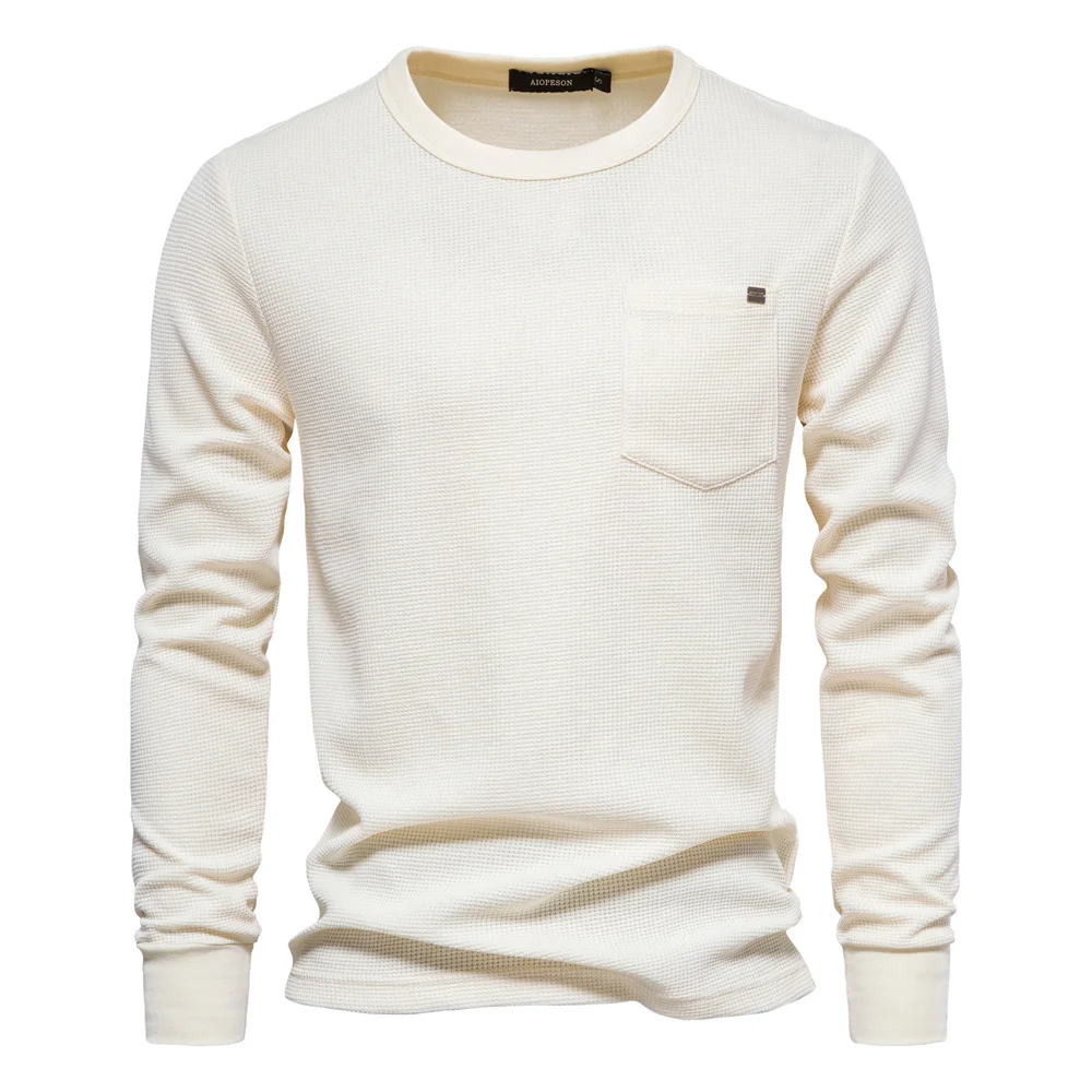 Men's Waffle Knit Long Sleeve Cotton T-Shirt - Solid Color with Single Pocket