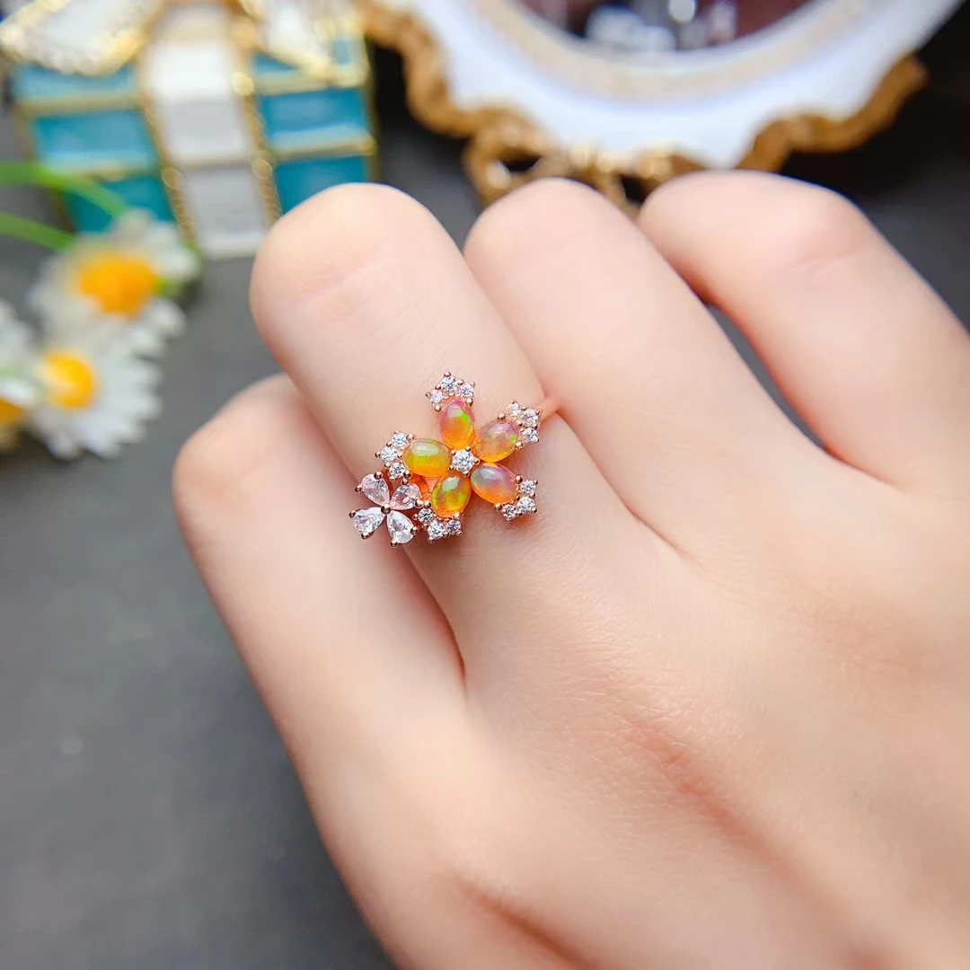 MeiBaPJ 3mm*5mm Natural Fire Opal Gemstone Fashion Colorful Ring for Women Real 925 Sterling Silver Charm Fine Wedding Jewelry
