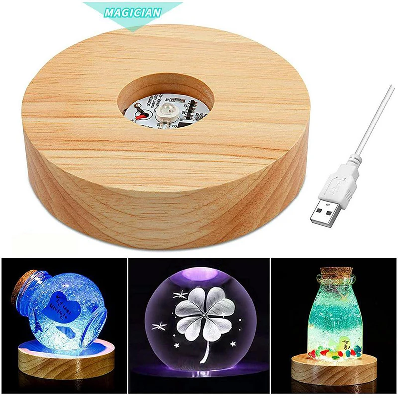 Crystal Glass LED Light Display Base - Wooden Night Lamp Stand Decor