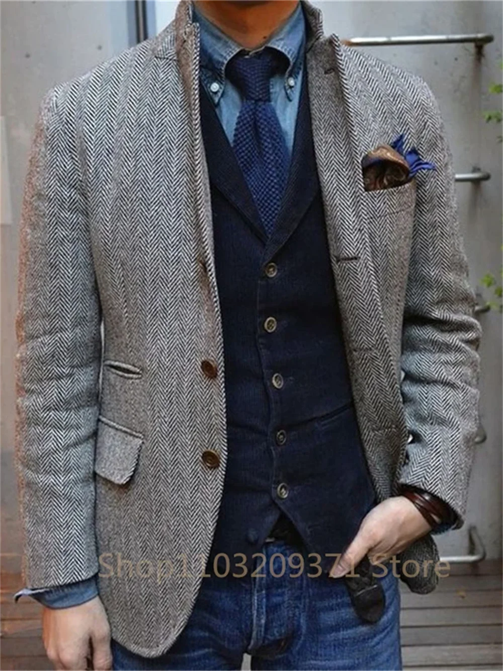 1 Piece Brown Business Suits Men Herringbone Notch Lapel Tuxedo Wedding Prom Party Grooms Blazer Masculino