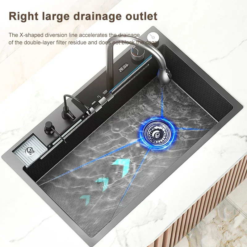 304 Stainless Steel Waterfall Kitchen Sink Large Single Slot Digital Display Faucet Set Multifunctional Wash Basin