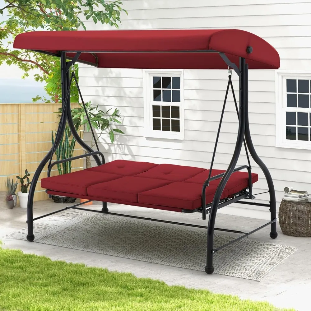 Outdoor Patio Swing Chair with Adjustable Backrest&Canopy, 2-in-1 Convertible Patio Swing Bed 3-Seat Porch Swing Patio