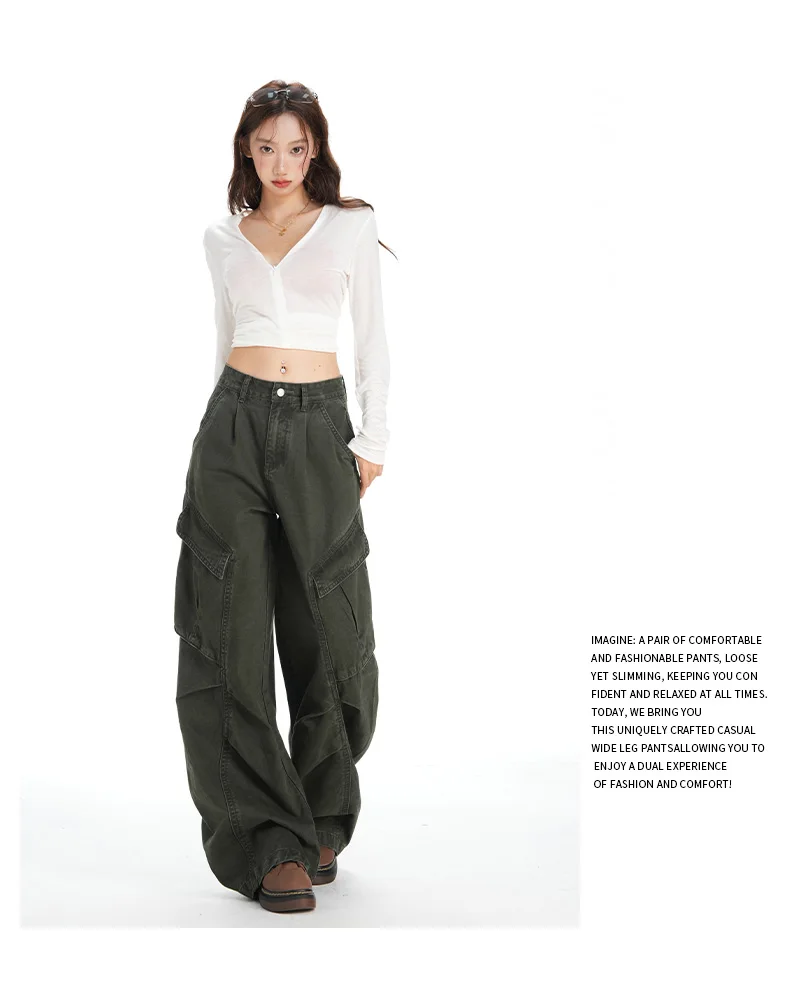 Retro Casual High Waisted Baggy Cargo Jeans Women Washed Distressed Wide Leg Pants Brown Denim Y2K Streetwear Vintage Trousers