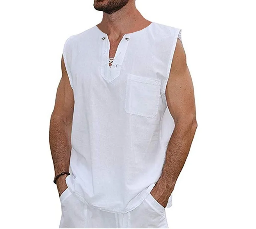 

Летняя Новинка, лидер продаж, Лидер продаж, хлопковая Льняная мужская футболка без рукавов с куриными глазами на шнуровке, трендовая майка