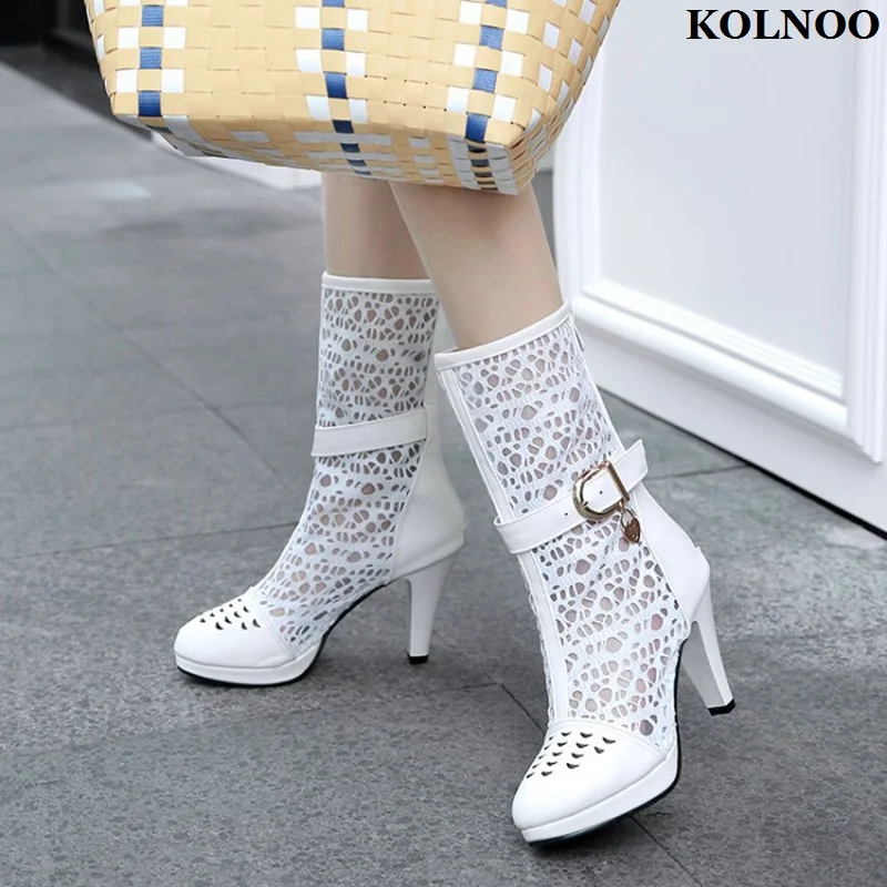 

Kolnoo New Handmade Women's Thick Heels Boots Air-mesh Breathable Leather Sexy Autumn Party Booties Evening Fashion Prom Shoes