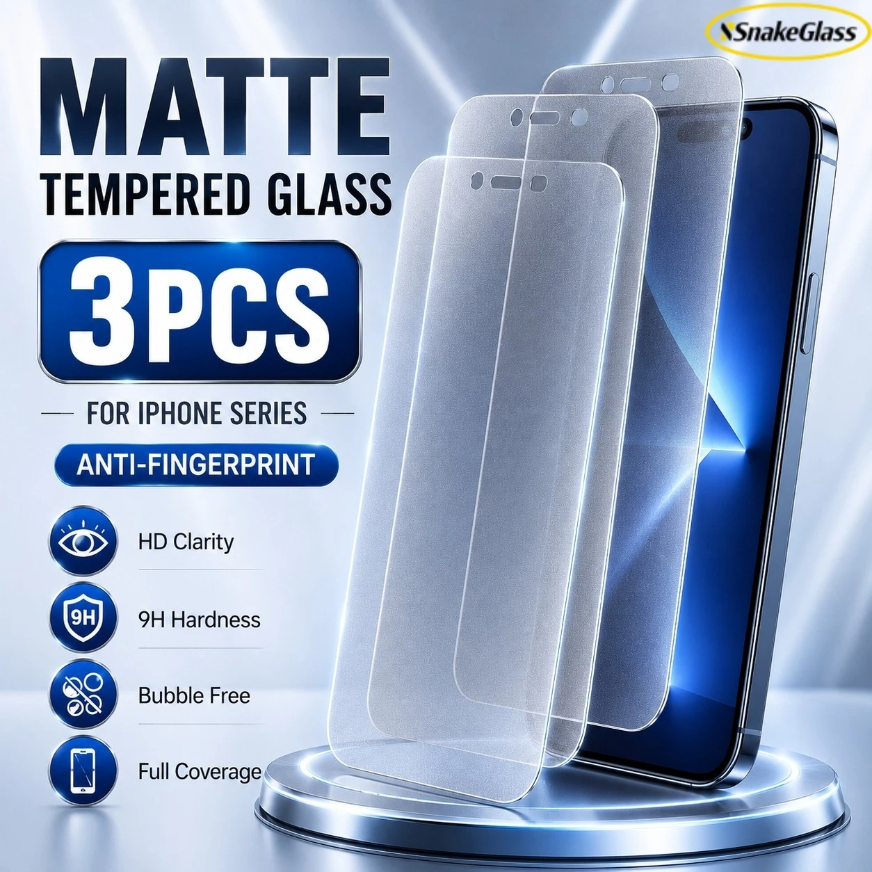 3-Pack Matte Glass Full Cover Screen Protector Film - 9H Hardness