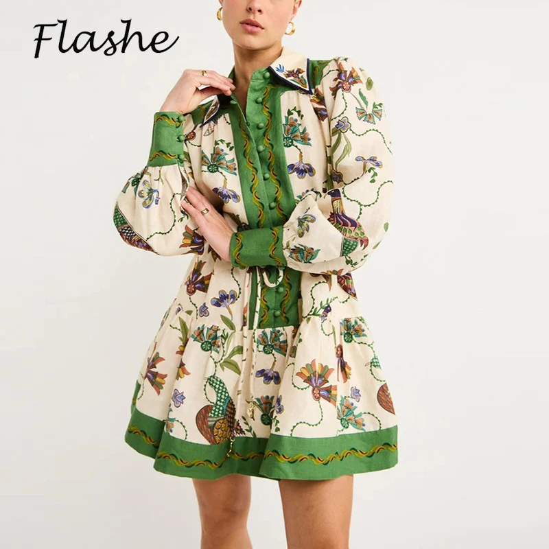 

Elegant Flower Print Dress Women Turn Down Collar Long Sleeve Shirt Dresses For Women Autumn Fashion Mini Dress