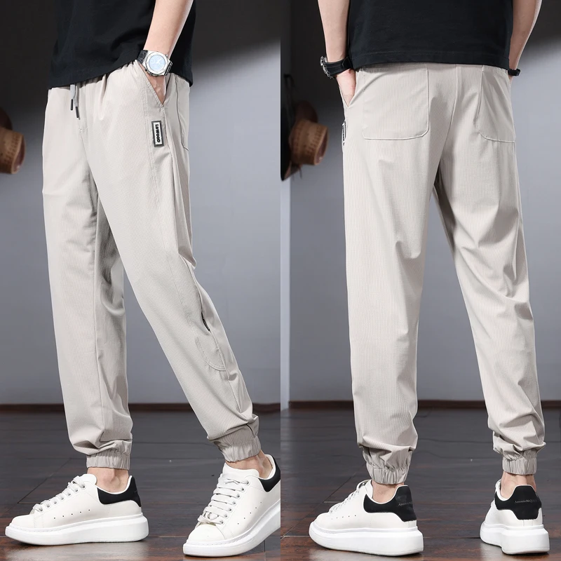 Summer Ice Silk Men's Pants Casual Sport Joggers Lightweight Black Elastic Waist Drawstring Trousers CP2288
