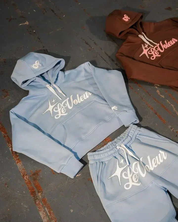 Hip Hop Letter Embroidery Oversized Hoodie Sweatshirt Rock Casual Sweatpants Mens Sportswear Two Piece Set Clothes Harajuku Rock 4