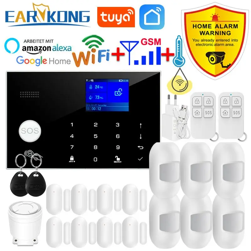 Earykong G50 Wifi GSM Alarm System Tuya 433MHz Wireless & Wired Detector Burglar Alarms RFID Card TFT LCD Touch Keyboard 11 Languages
