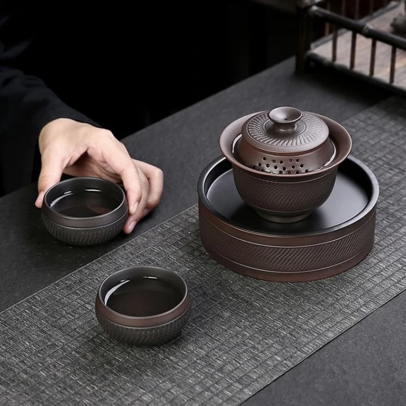 Jianshui Purple Pottery Gaiwan Ceramic Handmade Household Kung Fu Tea Set Tea Bowl Cup Maker Ceremony Tureen tea set
