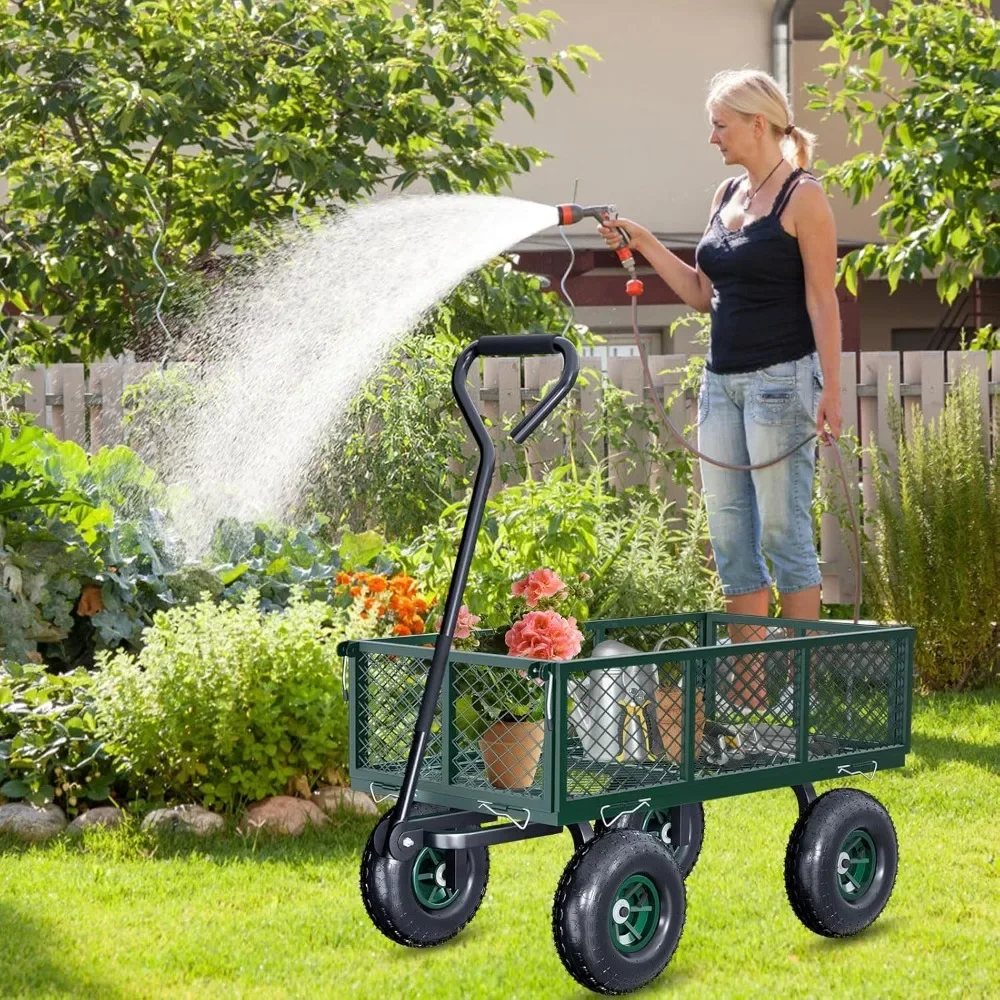 Steel Garden Cart, Heavy Duty 700 lbs Capacity, Utility Metal Wagon with 180&deg; Rotating Handle and 10" Tires, Wheelbarrow