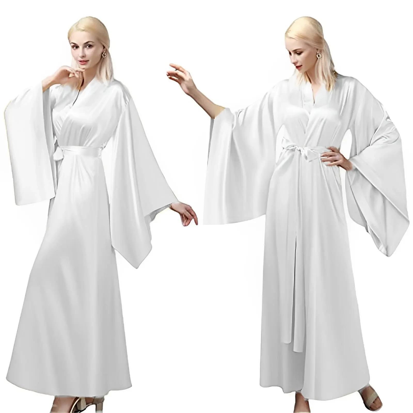 

Modern Silk Nightdress Women Bridal Belt Night Dresses Sexy Gloss Wide Sleeve Sleepwear Nightwear Sand Boudoir Dress Plus Size