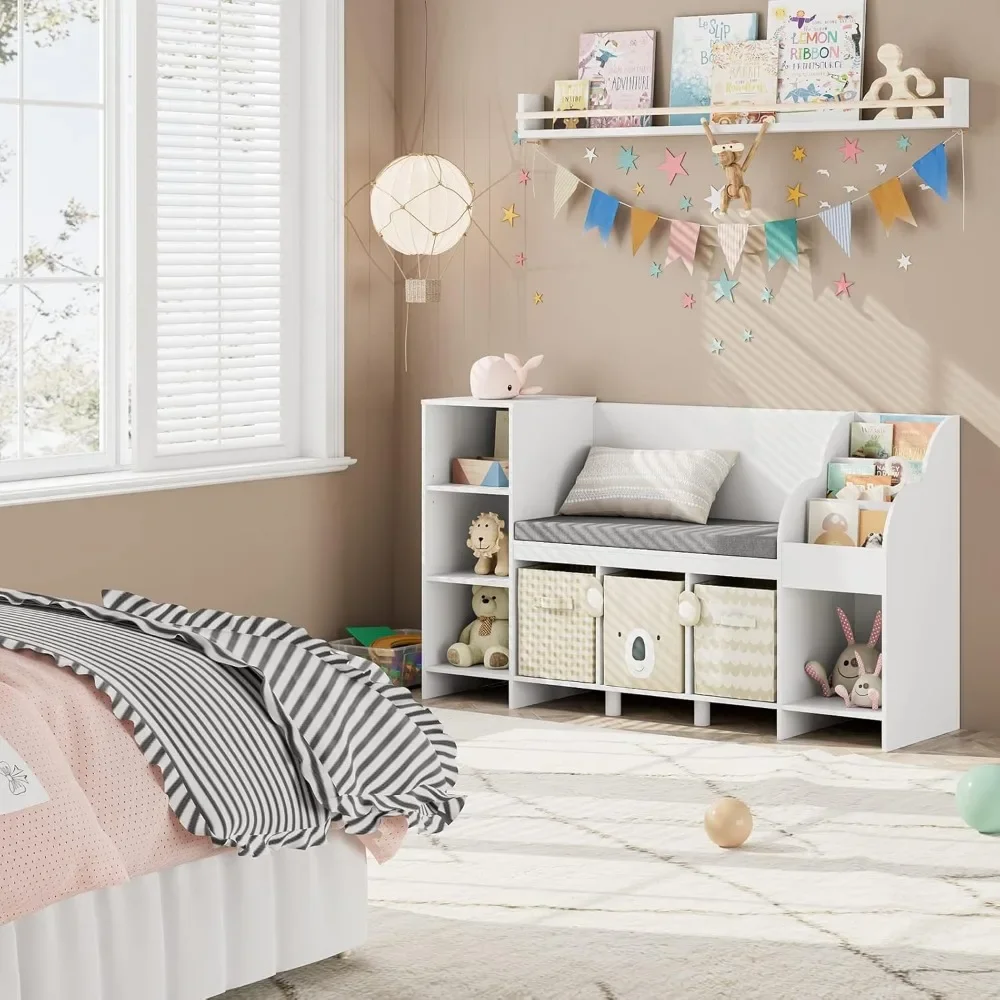 Bookcase with Seat Cushion and Adjustable Shelf, Storage Bench with Book Rack for Bedroom, Entryway,Playroom 2