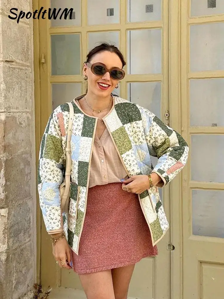 

Vintage Patchwork Printed Cotton Coat Ladies Elegant Collarless Autumn Winter Jacket Women Loose High Street Fashion Outerwear