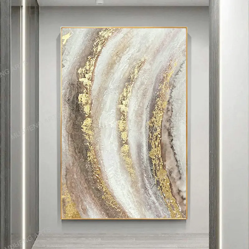 

Textured Gold Foil Abstract Oil Painting Large Wall Art Handmade on Canvas Shiny Decorative Artwork for Home Corridor Ornament