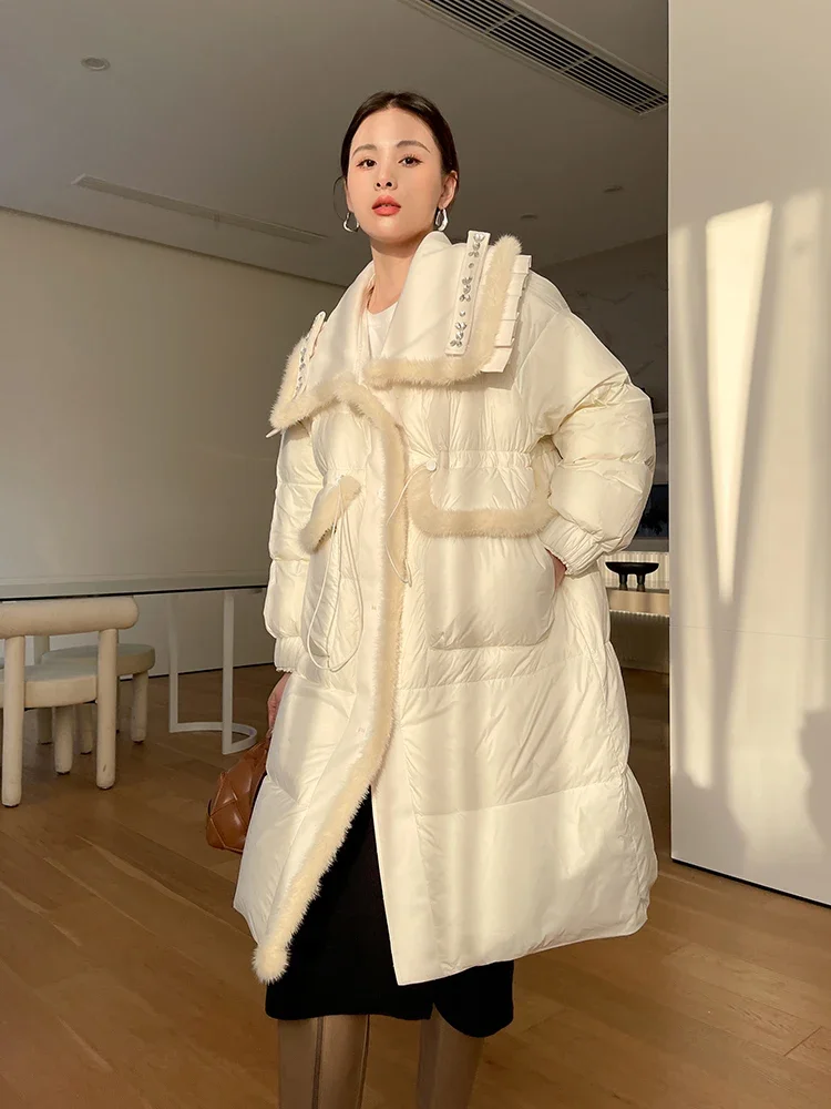 Real Mink Fur Down Jacket for Women Winter 2024 New Chic Navy-collar High Quality Warm Long White Duck Down Coat