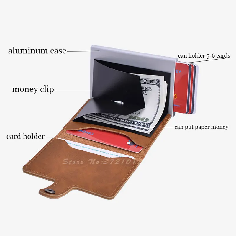 Blocking Vintage Men Credit Card Holder Aluminum Alloy Business ID Card Case Automatic Male Metal Leather Cardholder Wallet 2021