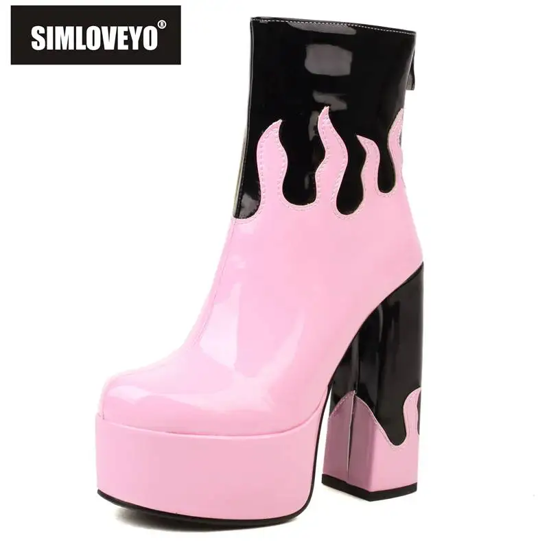 

SIMLOVEYO Ladies Boots Mid Calf 14cm Platform 5cm Block High Heel 15cm Round Toe Zipper Plus Size 33-43 Mixed Color Fashion Date
