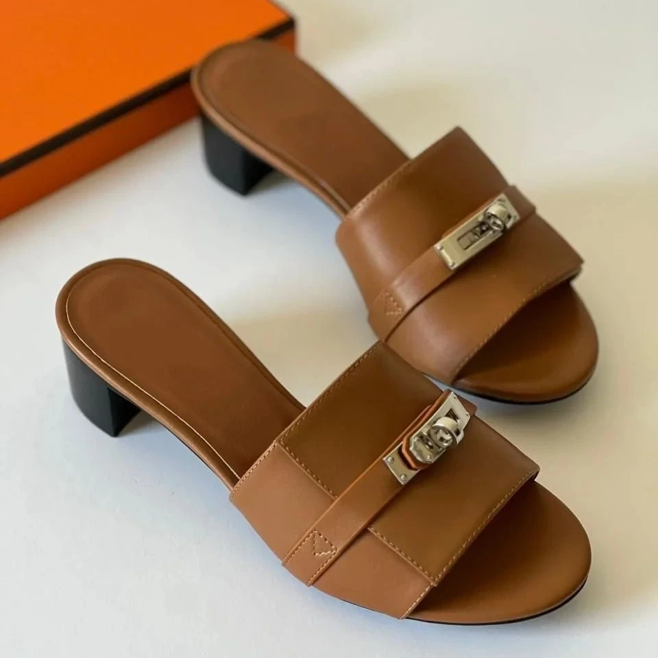 

Leather Block Heel Sandal Women Brown Flip Square Thick Metal Lock Red Heels Black Open Light Sporty Slip Gladiator Concise Shoe