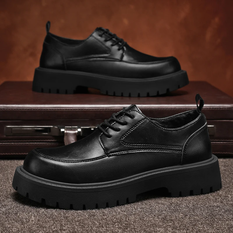Fashion Black Leather Derby Shoes for Men Thick-soled Wedding Shoes Formal Business Lace-Up Casual Platform Loafers