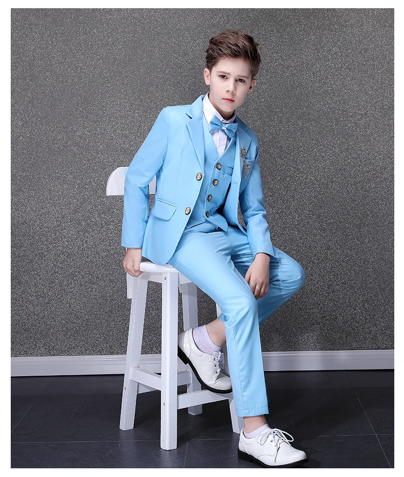 Kids Tuxedo Evening Party Wear Teenager Graduation Birthday Costume Children Sky Blue Photograph Suit Flower Boys Wedding Dress boys suit set