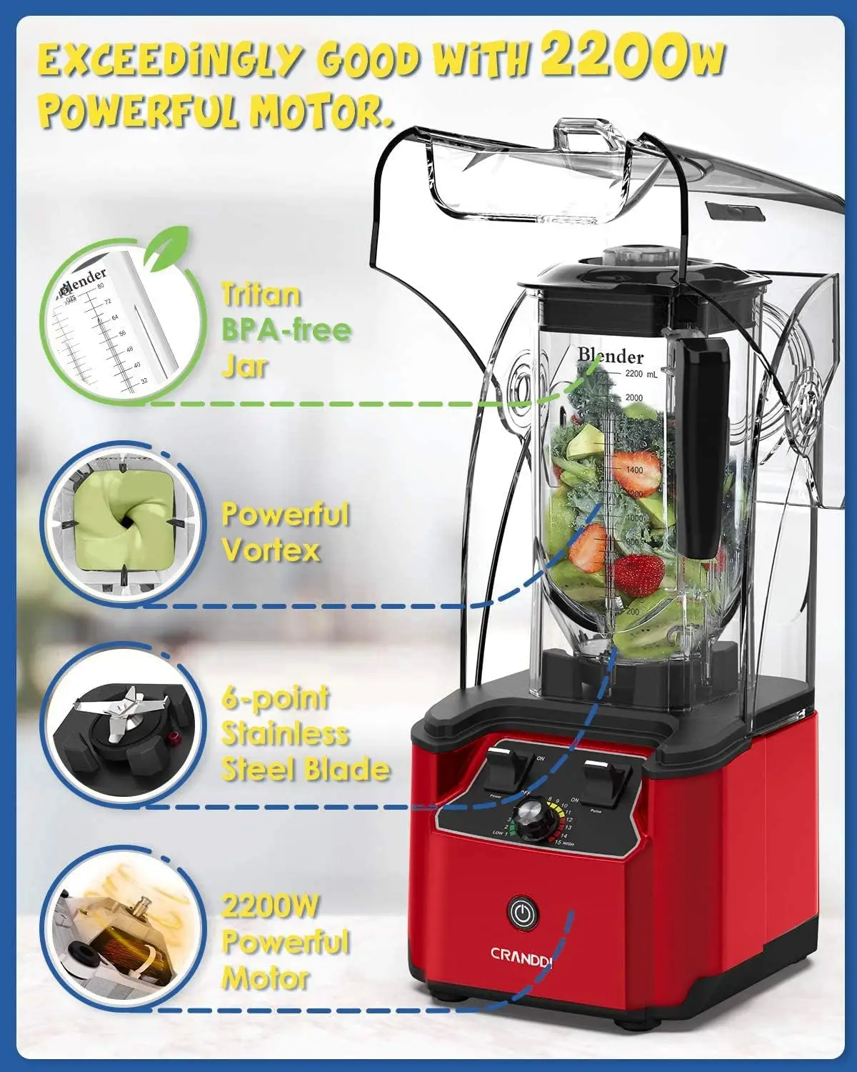 Commercial Quiet Blender, 2200 Watt Professional  Blender with 80oz Pitcher, Built-in Pulse & 15- 2