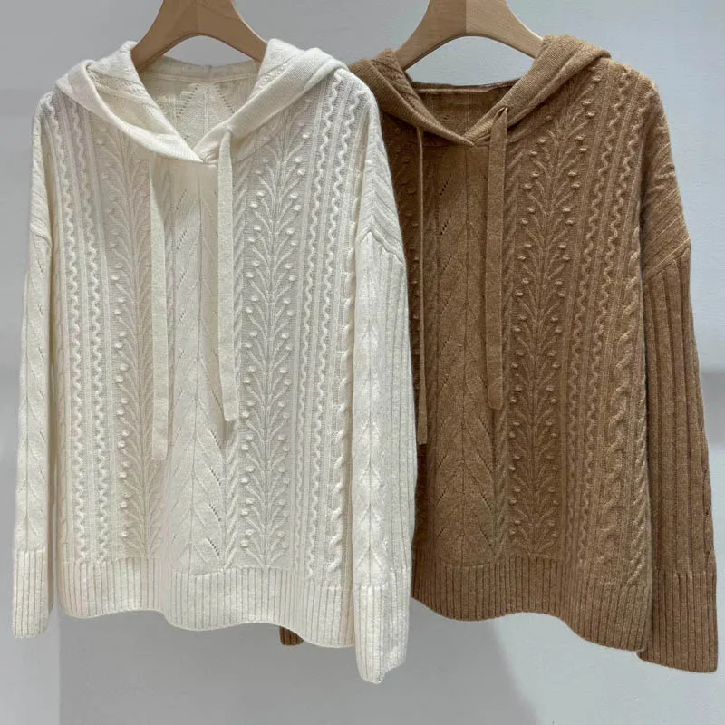 

12.5 100% Cashmere Hooded Drawstring Casual Long Sleeve Pullover Knitted Sweater Women