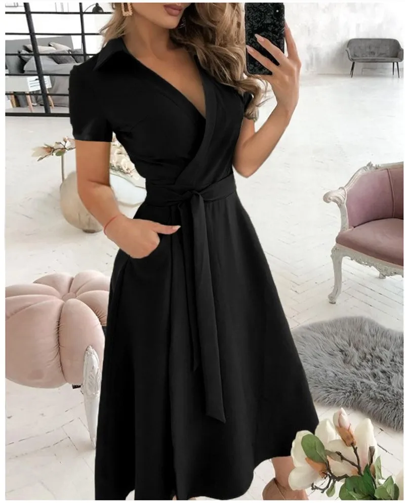 

2023 Spring And Autumn Fashion Temperament Commuter Solid Color High Waist Slim Bag Hip Short-sleeved Elegant Long Dress Women's