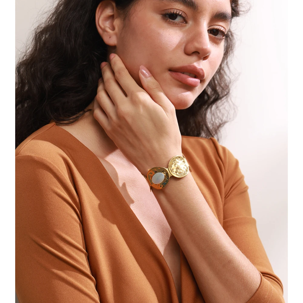 Yhpup Metal Cuff Bracelet PVD Plated Texture Wide Wrist Jewelry