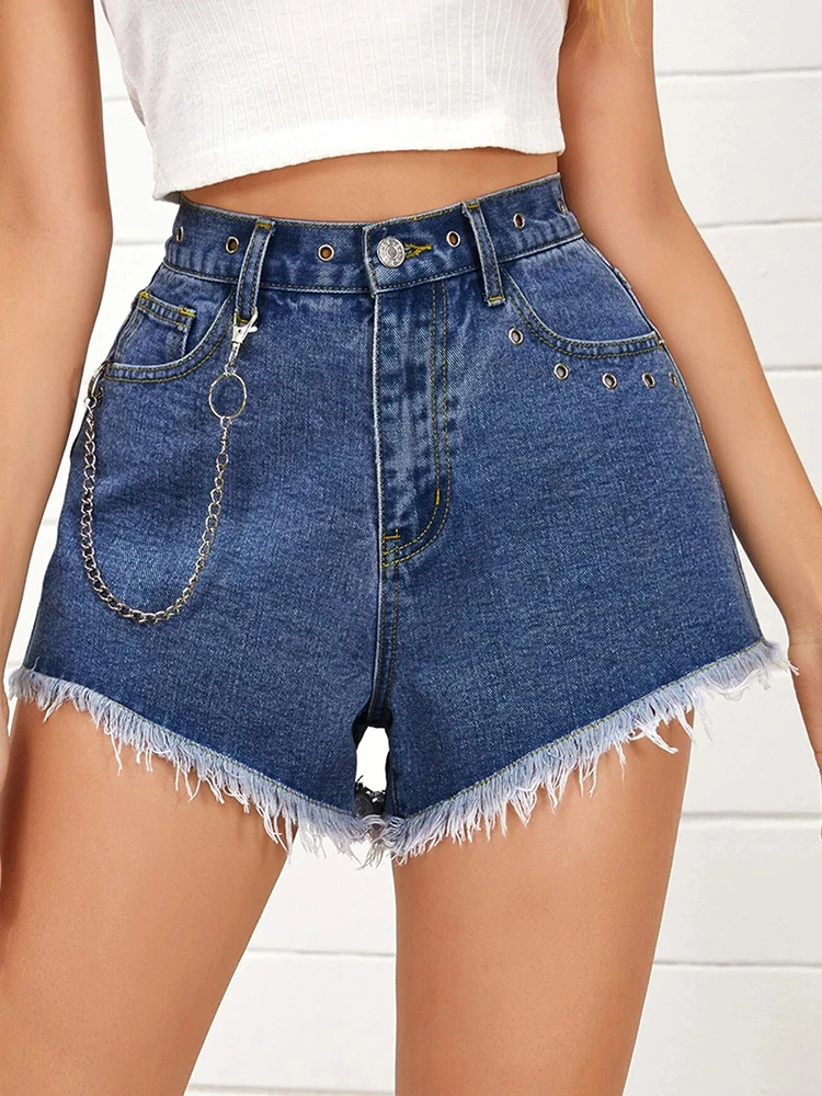 Ailegogo New Spring Summer Women Loose Tassel Blue Denim Shorts High Waist Wide Leg Hole Chain Jeans Shorts Ladies Bottoms dickies shorts