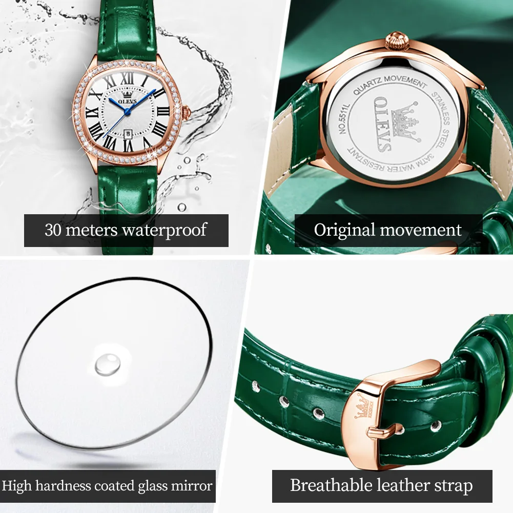 OLEVS Quartz Watch for Women Luxury Roman Dial Leather Strap Waterproof Fashion Ladies Wristwatch Bracelet Gift Set Reloj Mujer