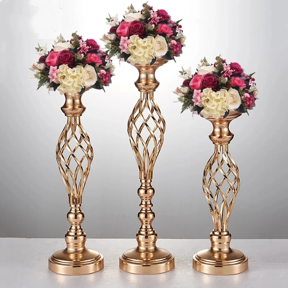 

10PCS Gold Flower Vases Candle Holders Rack Stands Wedding Decoration Road Lead Table Centerpiece Pillar Party Event Candlestick