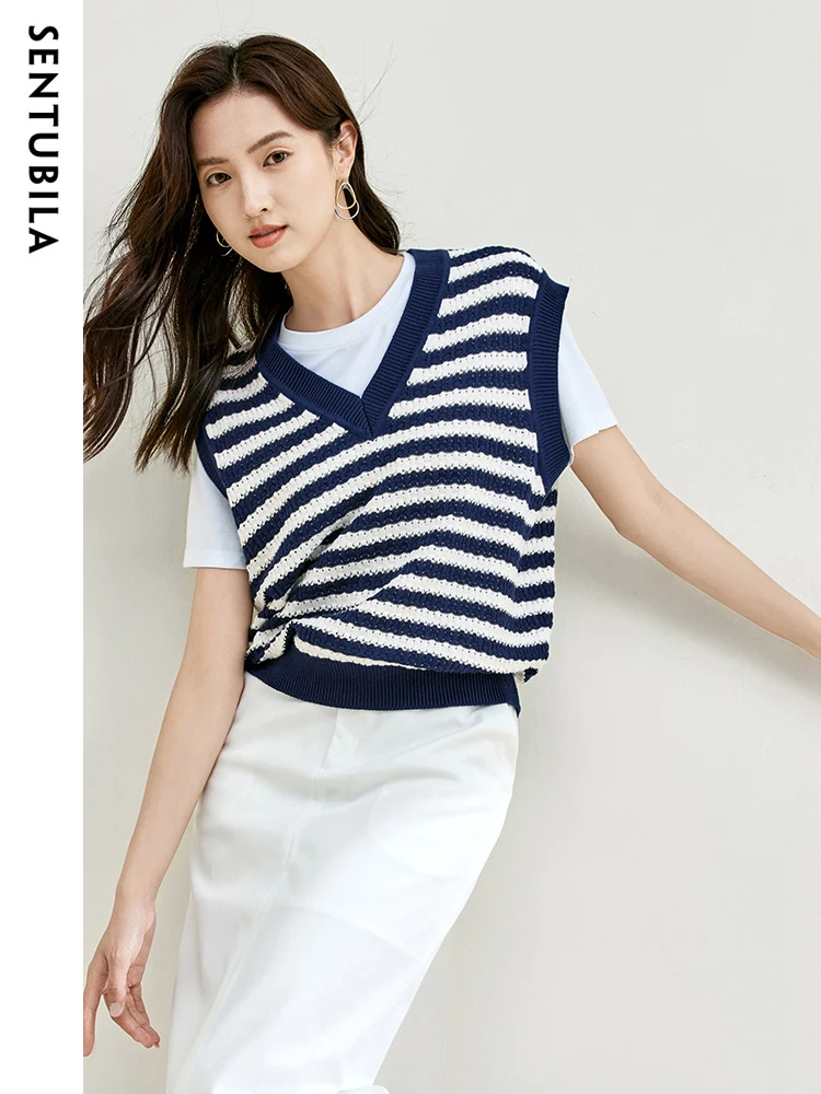 

Sentubila Women's Contrast Striped Sweater Vest 2023 Autumn Fashion Knitwear V Neck Sleeveless Rib Knitted Tops Jumper N33J51087