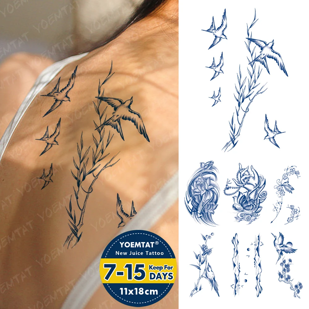 

Стойкая водостойкая Временная тату-наклейка Juice Ink, Летающие птицы, ветка Тотем Genipin, травяной боди-арт, искусственная татуировка