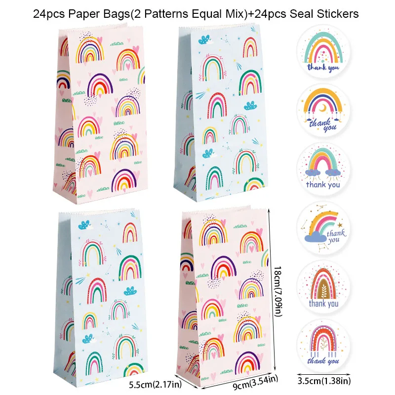 24Set Rainbow Paper Gift Bags Pink Blue Party Favor Bags with Thank You Stickers Candy Treat Bag for Birthday Wedding Decoration
