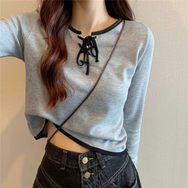 Women Autumn Lace Up Long Sleeve Cropped Sweater