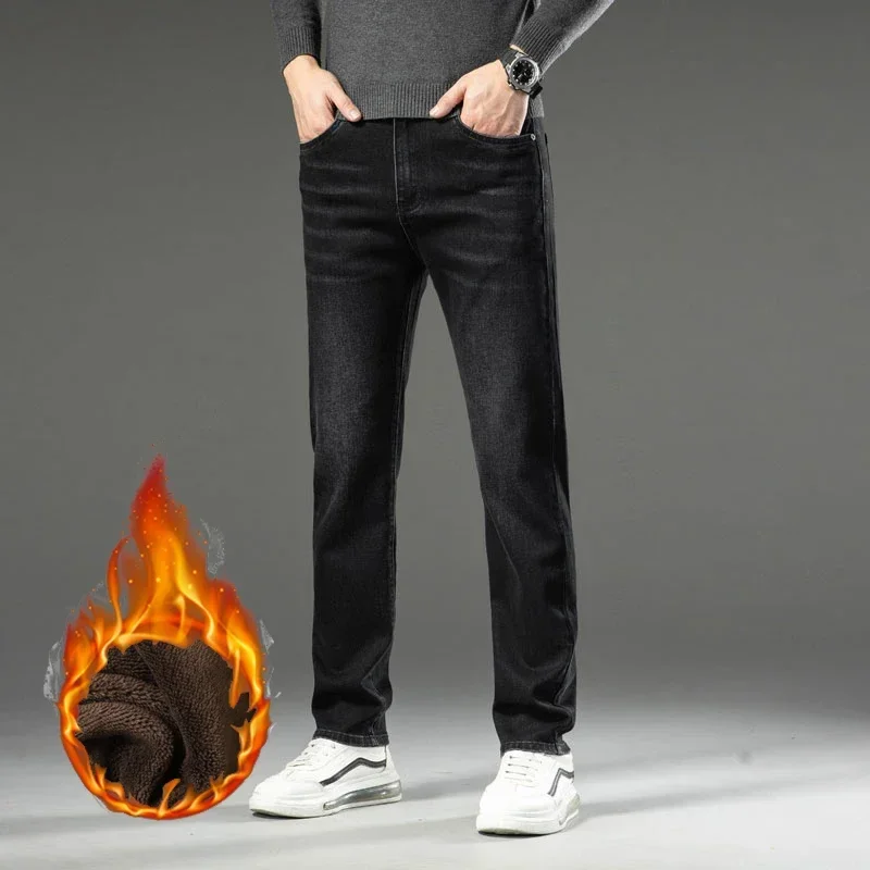 New Winter Men Thick Fleece Elastic Loose Straight Plush Wool Denim Jeans Casual Male Work Durable Warm Thermal Fitting Pants 5