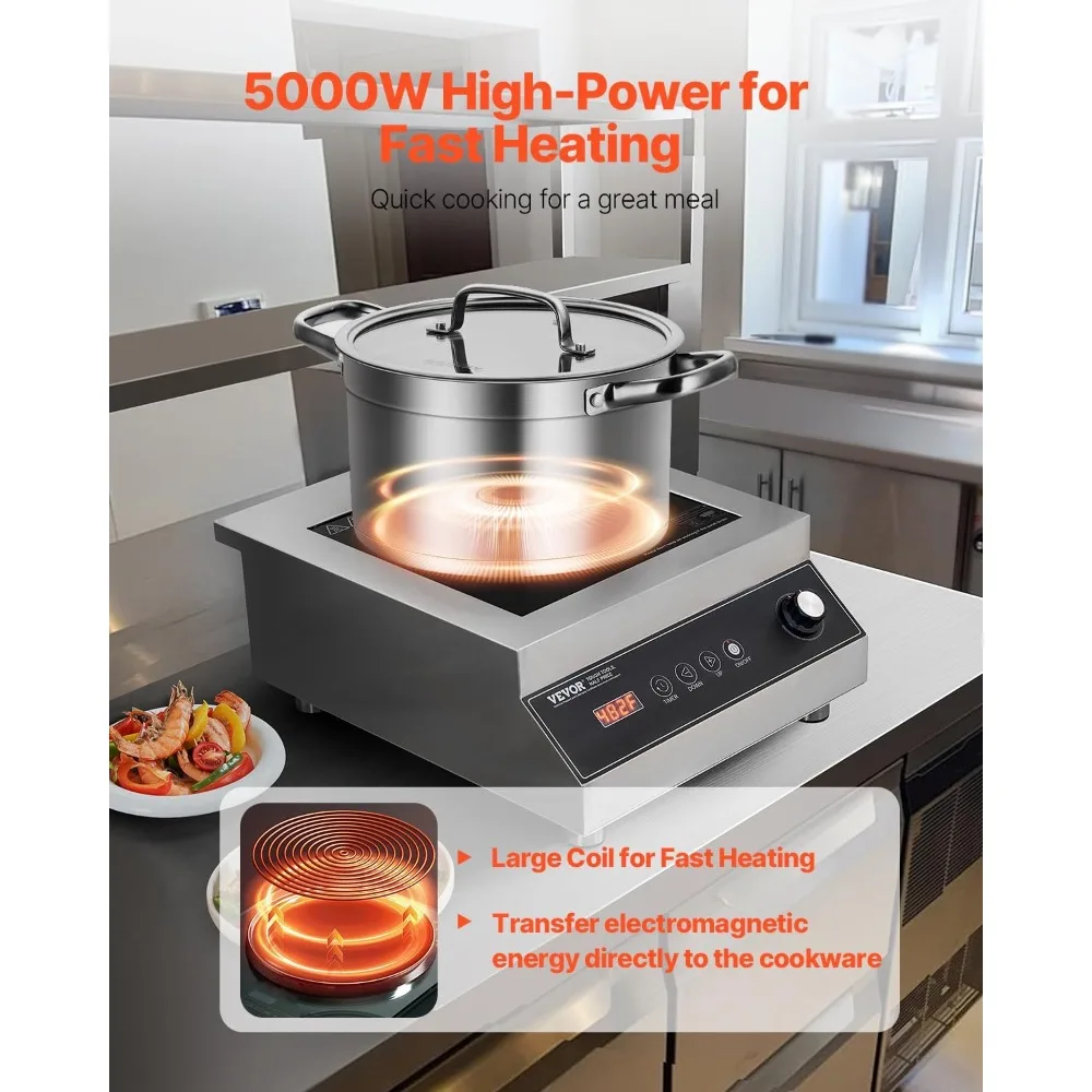 Stainless Steel 5000W Portable Induction Cooktop with 16 Adjustable Temperature Settings