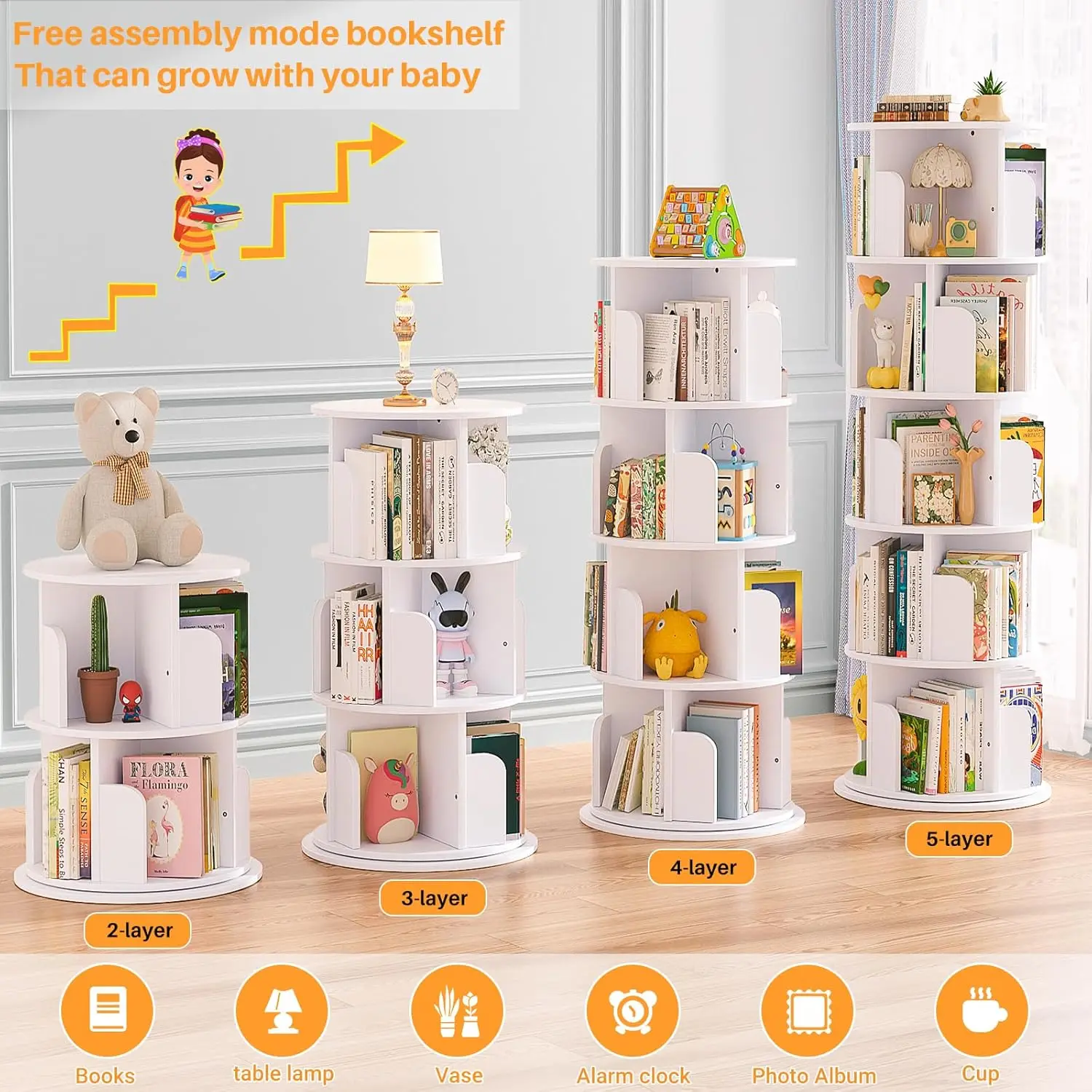 Rotating bookshelf, 360 display wooden rotating bookshelf tower, 5 floor standing bookshelf storage shelf, bedroom, study