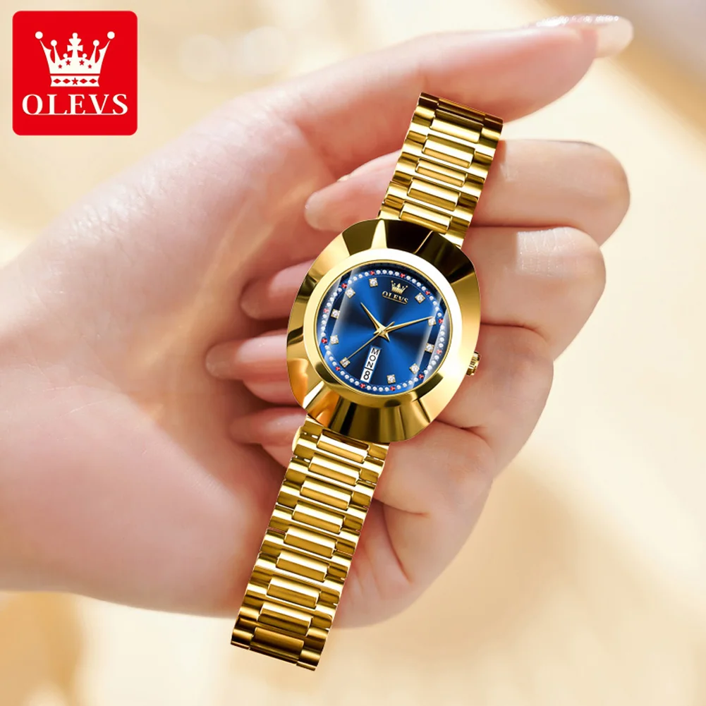 OLEVS 7017 Woman Quartz Watch Luxury Dual Calendar Waterproof Watch For Women Steel Strap Diamond Scale Fashion Wristwatch