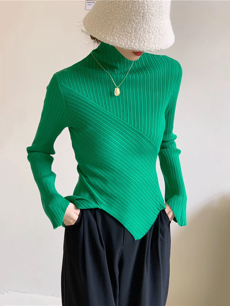 

CamKemsey Stylish Oblique Collar Spring Autumn Full Sleeve Slim Fit Irregular Knitted Sweater Pullovers Women Knit Jumpers