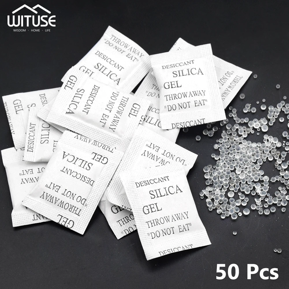 50-200 Packs Damp Moisture Dehumidifier Non-Toxic Silica Gel Desiccant Absorber Bag Clothes Food Storage For Kitchen Room Living 3