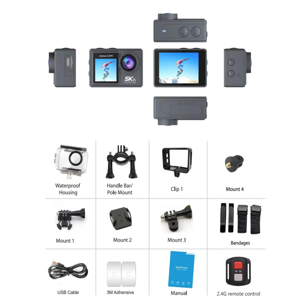 업그레이드 된 와이파이 액션 카메라, 울트라 HD, 2 인치 터치 스크린, 30M 수중 카메라, 900mAh 폴리머 리튬 배터리 포함, 5K, 30FPS, 48MP