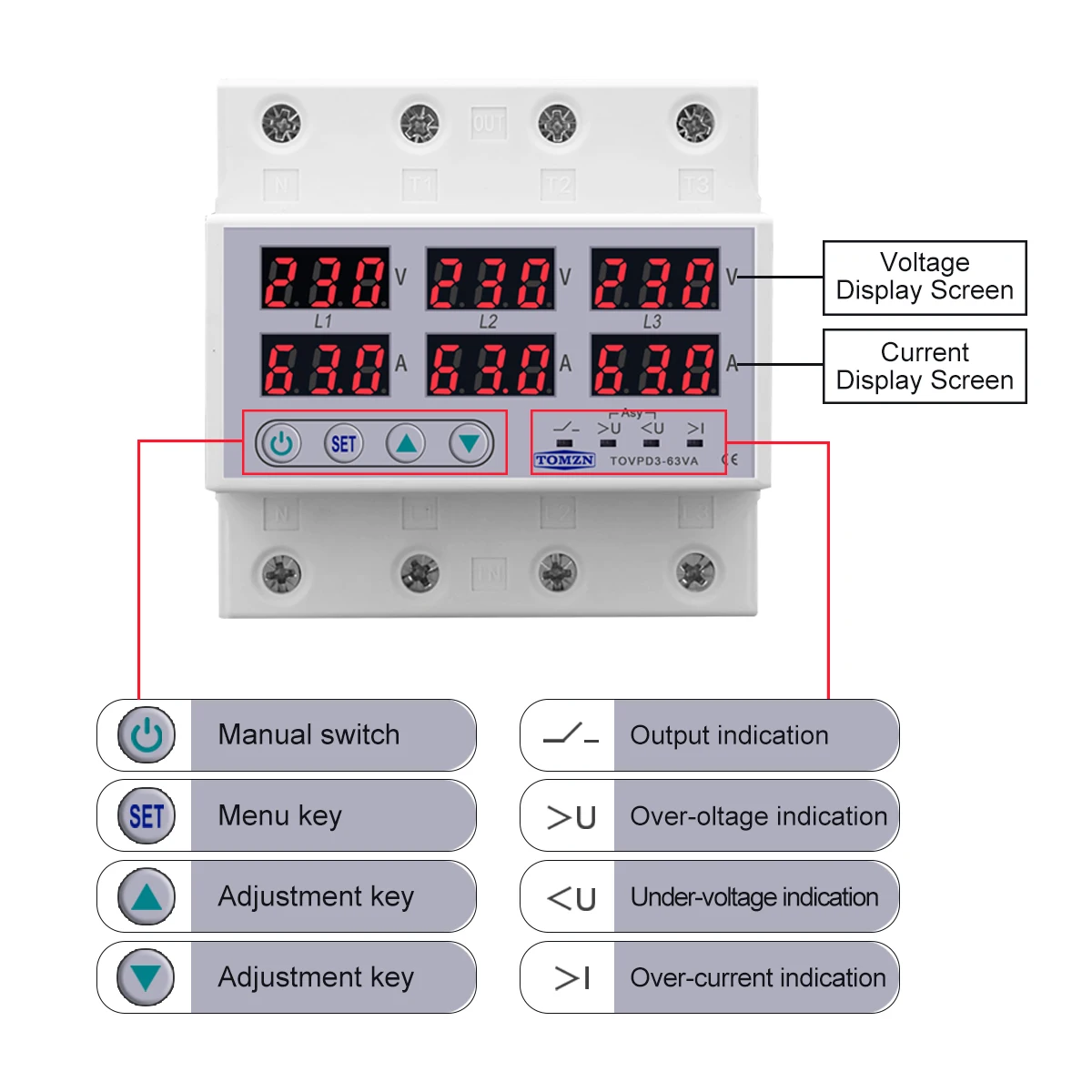 TOMZN TOVPD3-63VA Din Rail 3 Phase Adjustable Over and Under Voltage Protector relay with current protection 3*220V 380V