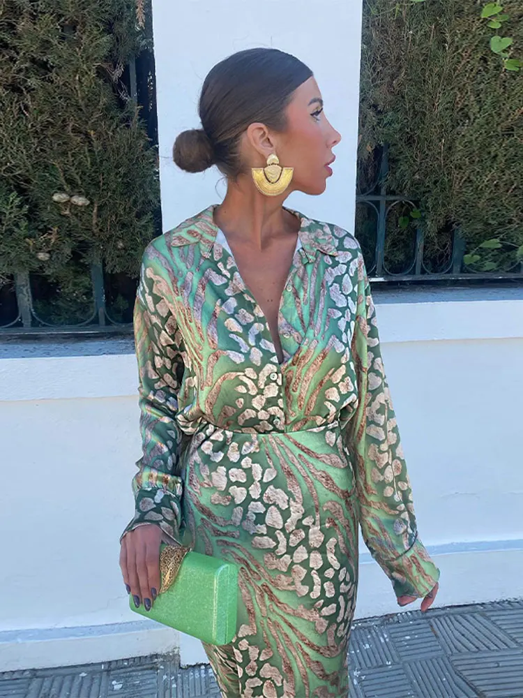 Fashion Printed Skirt Set For Women Elegant Lapel Long Sleeves Shirt High Waist Dress Suites 2024 Spring Lady Chic Street Suit