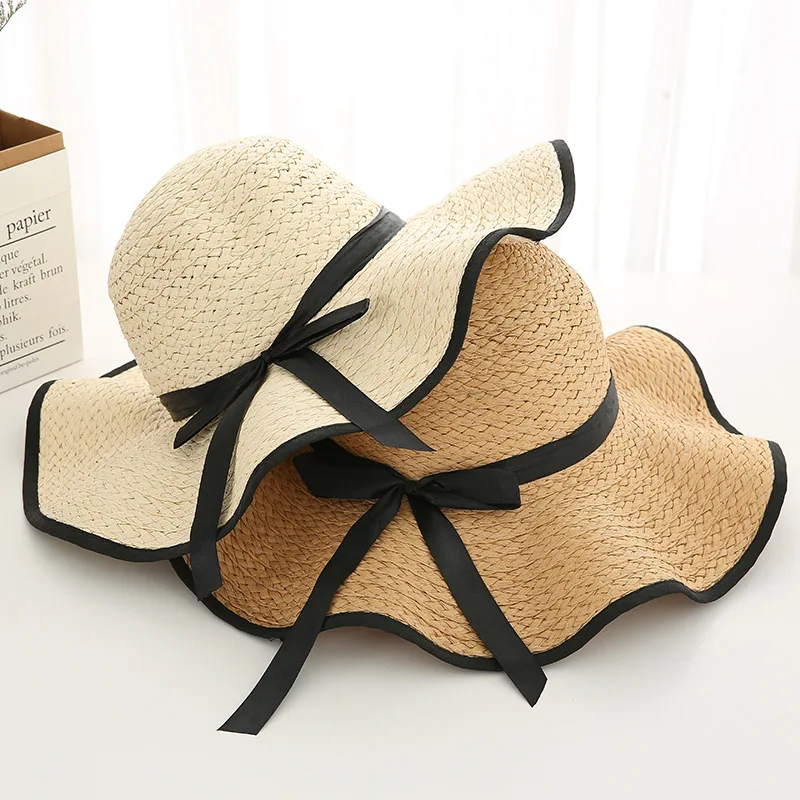 New Fashion Wide Brim Straw Hat for Women Long Ribbon Ladies Beach Hats Fashion Dress Up Children Summer Sun Visor Caps