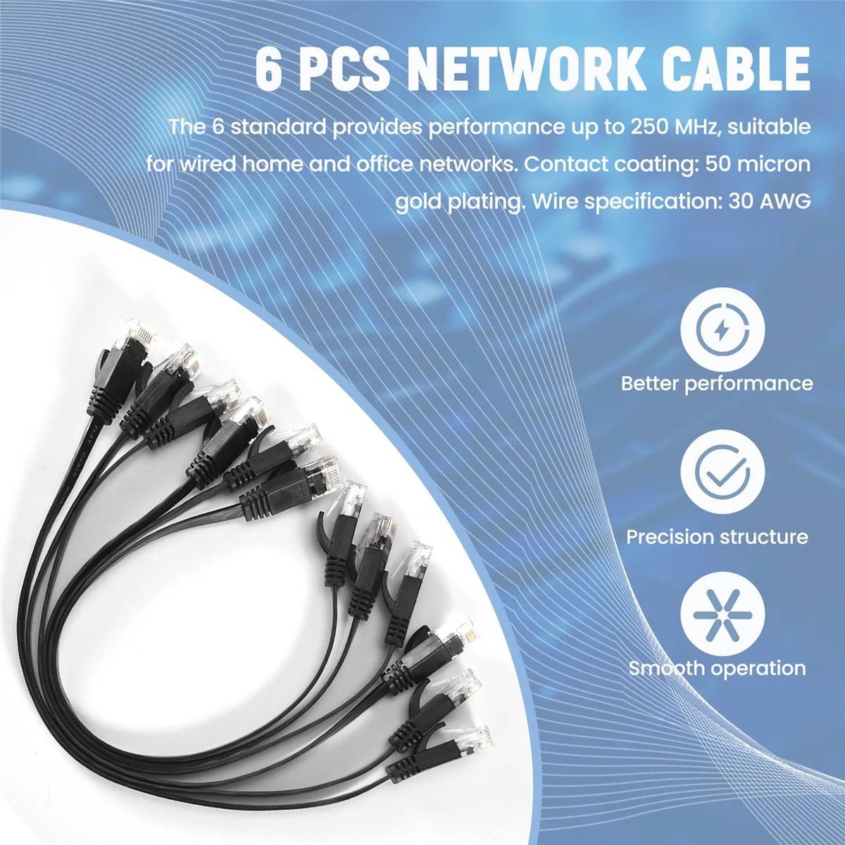 6-Pack Ultra High-Speed Flat Cat6 Ethernet Cables with Snagless RJ45 Connectors